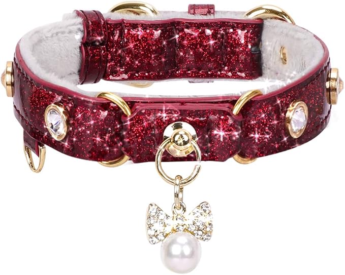 PetsHome Cat Collar, Dog Collar, [Bling Rhinestones] PU Leather Adjustable Pet Collar with Luxury Pendant for Cat and Small Dog Extra Small Wine Red