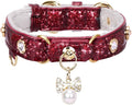 PetsHome Cat Collar, Dog Collar, [Bling Rhinestones] PU Leather Adjustable Pet Collar with Luxury Pendant for Cat and Small Dog Extra Small Wine Red