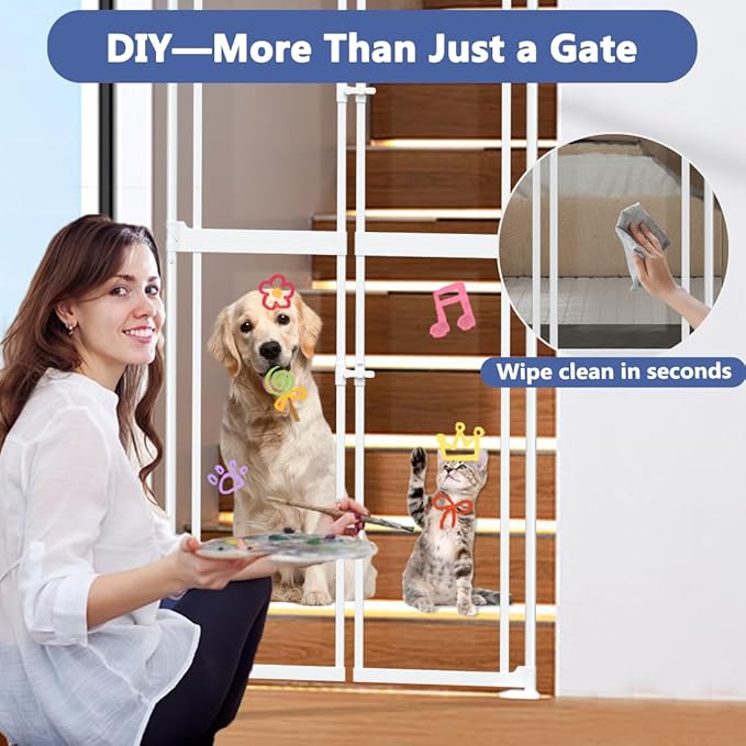 71-98" Clear Tall Cat Pet Gate, 33.5-36 in Wide Extra High Dog Gates for Doorways Acrylic Kitten Proof Full Door Barrier, Auto Close Walk Thru Puppy Pressure Mounted, Indoor White