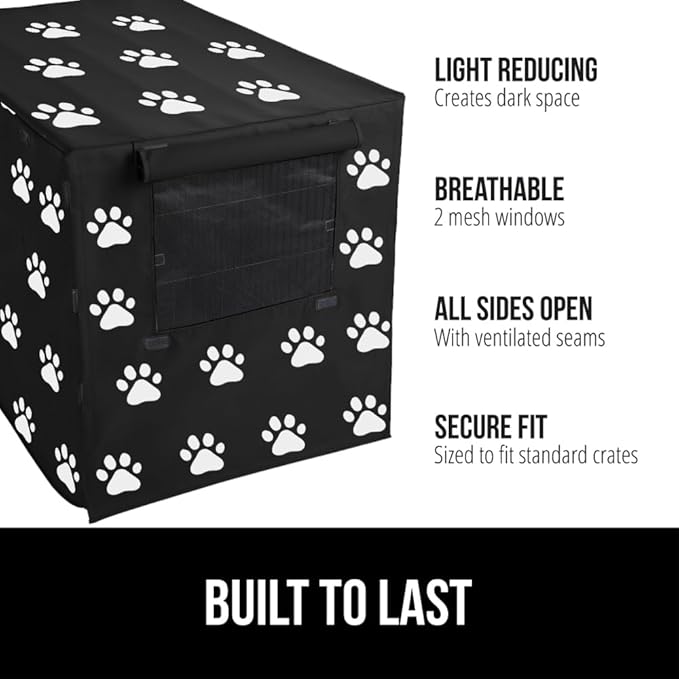 GORILLA GRIP Dog Crate Covers Compatible with Amazon Basics Crates, All Sides Open, Privacy Cover Fits 42" Wire Kennel, Breathable Mesh Windows, Light Reducing Puppy Training Cage Topper, Black Paw