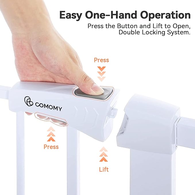 COMOMY Auto Close Baby Gate with Cat Door, 29.5"-40.5" Extra Wide Dog Gate for House Doorways Stairs, Pressure Mounted Easy Walk Thru Pet Gate, Includes 4 Wall Cups and 2 Extension Pieces, White