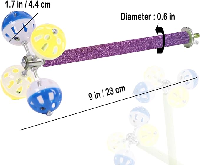 Perch Toy with Rotating Balls Suit for Small and Medium Birds, Budgies, Budgerigars, Parakeets, Parrots, Cockatiels, Parrotlets, Lovebirds, Ringnecks, Conures (Natural Pepper Wood, Purple/Yellow)