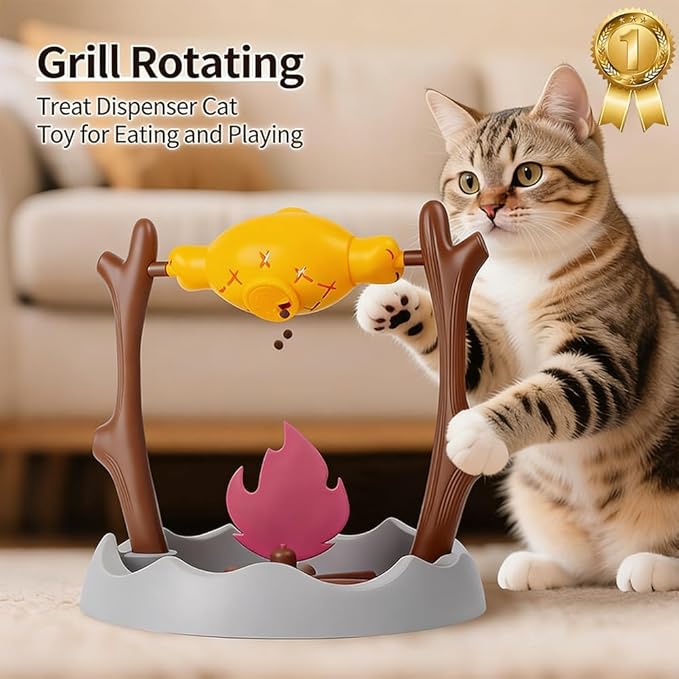 Cat BBQ Toy,11" High Cats Treat-Dispensing Slow Feeder,Pets Dry Food Dispenser,Cats Slow Feeding Snack Bowl, Grilled Fish Spinning Toy, Food Puzzle Cat Toy