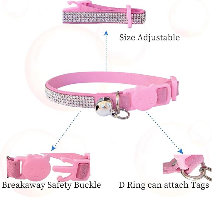 Rhinestone Cat Collar Breakaway with Bell Safety Buckle, Adjustable Diamond Girl Boy Kitty Cute Comfy Collar for Kitten Tiny Little Pets Rabbits, 6"-9" Pink Extra Small