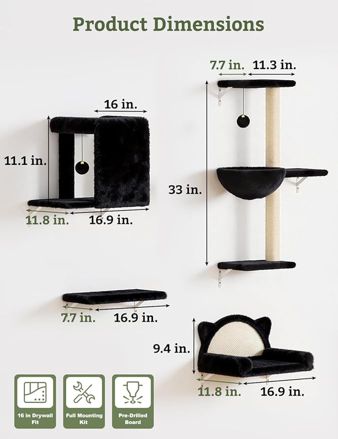 5-in-1 Cat Wall Shelves, Solid Wood & Velvet & Sisal Scratcher, 44lbs Max Load, Wall Mounted Cat Furniture for Climbers, Cat Climbing Wall System, Fits Drywall & Solid Walls - Black