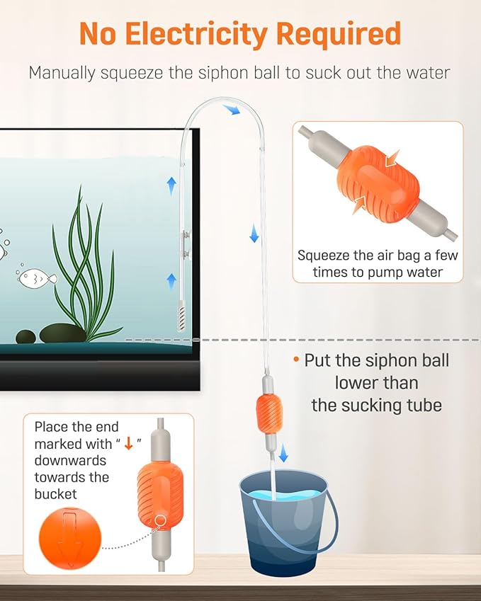 Pawfly 10 Gallon Aquarium Vacuum Gravel Cleaner, Manual Water Changer Siphon with Long Hose and Cleaning Brush Pad for Water Changing and Sand Washing