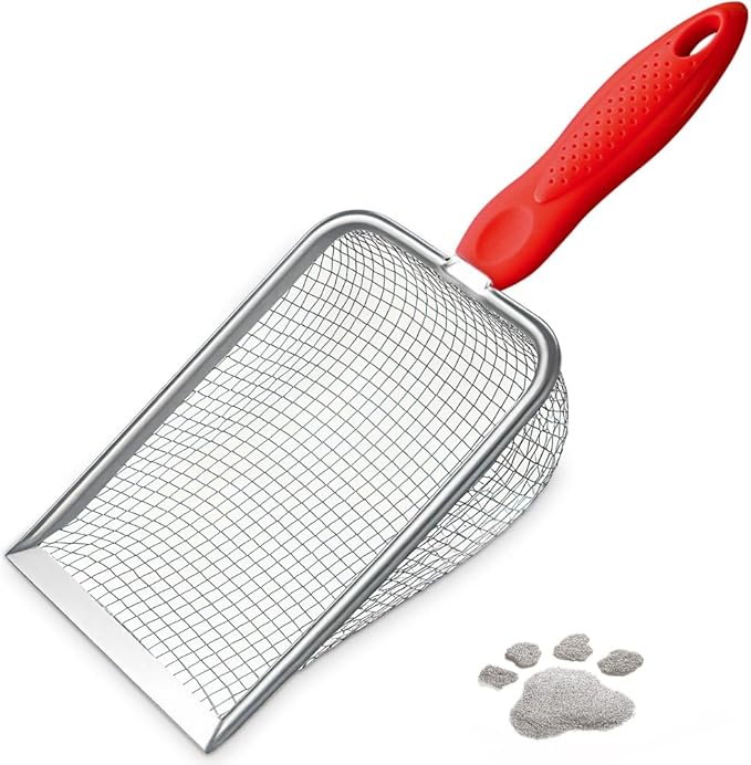 Cat Litter Scoop,Sturdy Litter Cleaner Corner Shovel,Stainless Steel Mesh Litter Shovel,Easy to Clean Reptile Terrarium Sand Waste,Beach Shovel(Red)