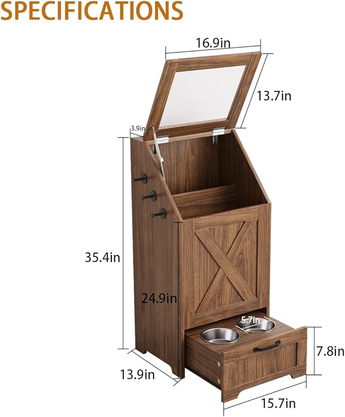 Dog Feeding Station with Storage Cabinet and 2 Elevated Dog Bowls, Hidden Pet Food Storage Organizer for Dog &Cat,Modern Dogs Furniture (Walnut)