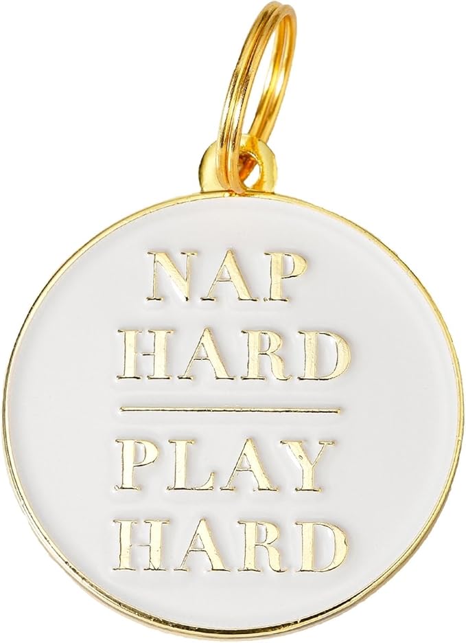 Two Tails Pet Company Personalized 'Nap Hard, Play Hard' Pet ID Tag & Collar Charm - Custom Engraved Dog Tags for Pets - Luxury Brass, Gold Plating