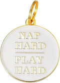 Two Tails Pet Company Personalized 'Nap Hard, Play Hard' Pet ID Tag & Collar Charm - Custom Engraved Dog Tags for Pets - Luxury Brass, Gold Plating