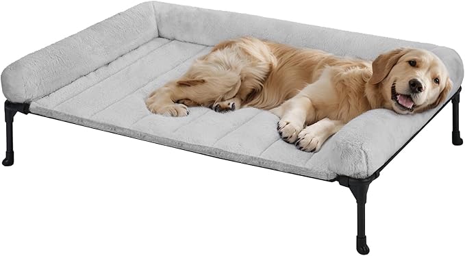 Veehoo Orthopedic Elevated Dog Bed with Fluffy Plush Bolster Cushion, Indoor Raised Dog Beds for Large Dogs, Soft Pet Sofa Cot with Removable Washable Mat, No-Slip Feet, 42 x 30 inches, Grey