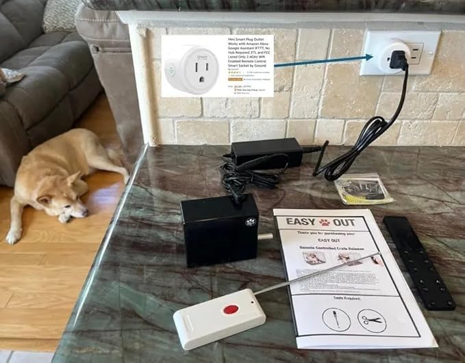 Easy Out Automated Pet Crate Opener for Single or Double Latch Crates, Activated by Remote Control or Wi-Fi Smart Plug, Model EODP2