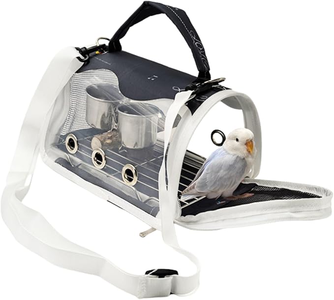 Bird Carrier Bag Bird Travel Cage with Indestructible Stainless Steel Mesh, Feeder Cups and Stand Perch, Portable Bird Travel Bag, Pet Transparent Breathable Travel Cage (Black,Small)