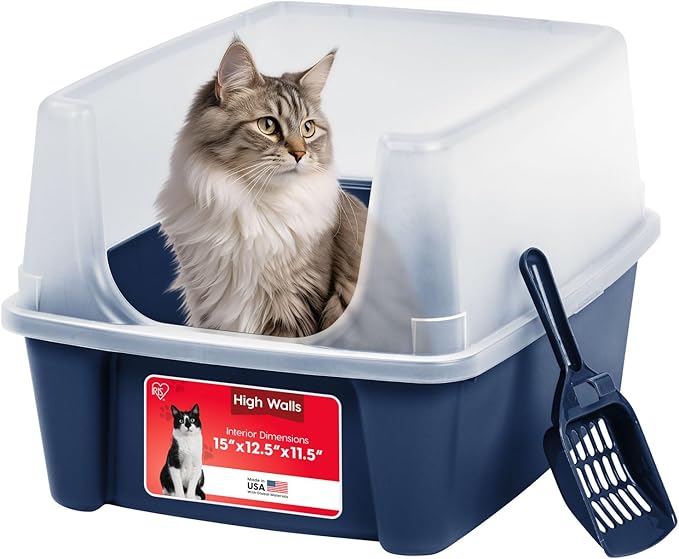 IRIS USA High Sided Cat Litter Box with Scatter Shield and Scoop, Open Top Cat Litter Pan, Navy