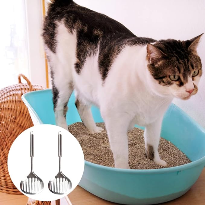 Kakalote 2pcs Cat Litter Scoop, Stainless Steel Durable Litter Scoop for Cat Mesh Shovel Long Handle(12.2inchs Length)