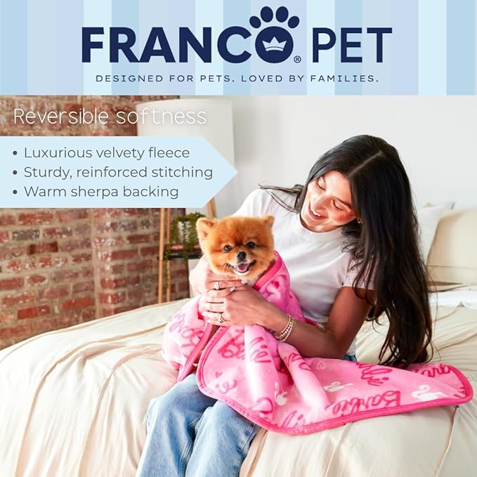 Franco Pet Barbie Super Soft Cozy Waterproof Sherpa-Backed Blanket Throw for Small Dogs, Couch/Bed/Car, 30x40 (Officially Licensed Product)