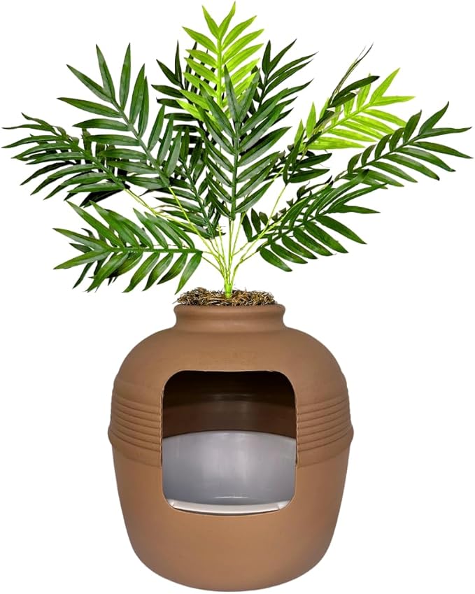 Good Pet Stuff Hidden Litter Box Planter, Decorative Cat Litter Enclosure with Carbon Filter, Artificial Plant, Easy Clean, Indoor Design, Original Round Style, Essentials Kit, Mocha Brown