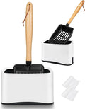 Cat Litter Scoop, Metal Litter Scoop, Heavy Duty Metal Cat Scooper for Litter Box, Black Sifter Scoop for Pellets, Wooden Handle Scoop with Hole, Kitty Necessity (9.8" Handle with Holder)