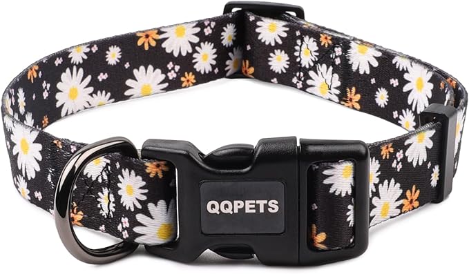 QQPETS Adjustable Soft Dog Collar: Print Flower Pink Multicolor Cute Patterns for XS Small Medium Large Pet Girl Boy Puppy Walking Running Training (XS, White Daisy)
