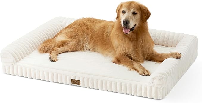 Cute Dog Bed for Extra Large Dogs, Faux Rabbit Fur Orthopedic Foam Dog Bed with Sides, Removable Washable Cover & Waterproof Lining, Comfortable Pet Couch, Cream (48" L x 35" W x 7.5" Th)