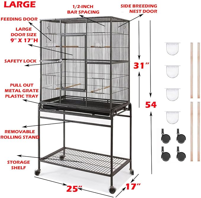 54" Large Wrought Iron Breeding Flight Canary Parakeet Cockatiel Lovebird Finch Cage Side Nesting Doors with Removable Rolling Stand