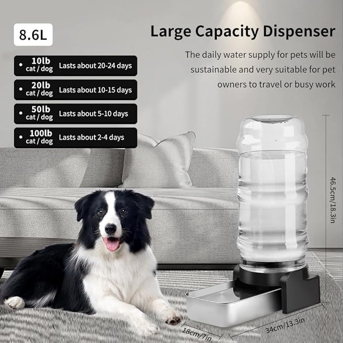 Marchul 2.3 Gallon Dog Water Dispenser, Large Dog Water Dispenser with Placemat and Stainless Steel Bowl, Automatic Gravity Pet Bowl for Dogs Medium to Large (8.6L + 3 Filters + Mat)
