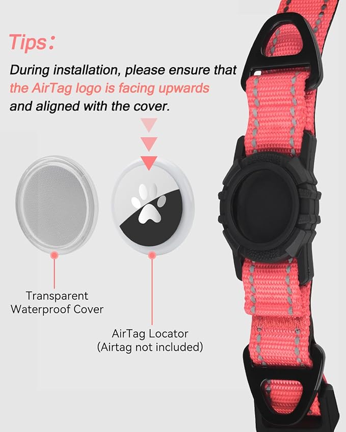Joytale Airtag Dog Collar, Reflective Pet Collar with Waterproof AirTag Holder, Dual D-Rings, Soft Padded Adjustable for Small Dogs, Neon Pink, S