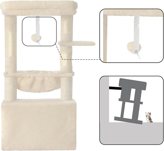 Heybly Cat Tree, Kitten Tower with Large Soft Cat Basket, Cat Condo with Spacious Cat Bed Cave with Hidden Space, Sisal-Covered Scratching Posts, Dangling Ball for Indoor Cats, Beige HCT008SM