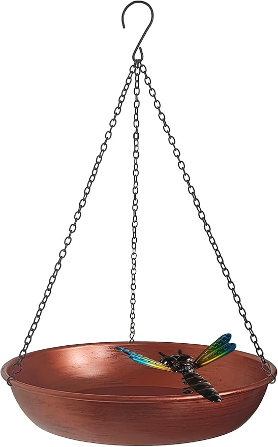 Hanging Birdbath Bird Feeder for Outdoor 11” Antique Copper Cute Small Metal Bird Bath Bowl with Detachable Black Chain Metal Dragonfly for Garden Backyard Decor