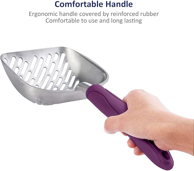 WePet Cat Litter Scoop, Aluminum Alloy Sifter, Kitty Metal Scooper, Deep Shovel with Diagonal Sifting Hole, Long Handle, Kitten Poop Lifter for Litter Box, Medium Size, Violet Handle