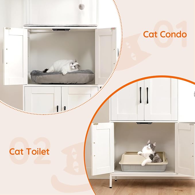 HOOBRO Litter Box Enclosure, Litter Box Furniture with Storage, 2-in-1 Hidden Cat Furniture with Shelf, 2 Dangling Plush Balls and 1 Toy Ball, Large Wooden Cat Washroom, White WT78MW01