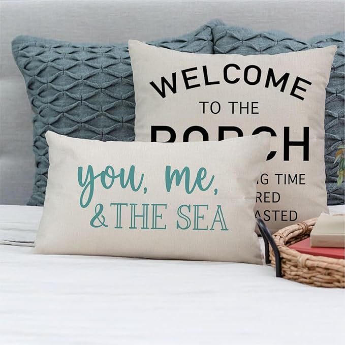 PANDICORN Summer Beach Throw Pillow Covers 12x20 Inch Blue Words You Me and The Sea Ocean Sea Coastal Outdoor Decorations Lumbar Decorative Throw Pillows Cases for Home Living Room Couch Sofa Decor