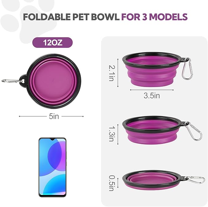 Collapsible Dog Bowl 2 Pack, Dog Water Bowls for Travels, Portable Foldable Pet Bowls Feeding Watering Dish for Parking Walking Camping with 2 Carabiners Clip (12oz, Small, Grey+Purple)