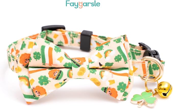 Faygarsle 2 Pack St Patrick's Day Cat Collar Cute Trefoil Gold Coin Printed Collar with Bow tie Breakaway Green Yellow Cat Collar for Boy Girl Cats