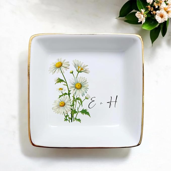 Personalized Floral Jewelry Dish, Engaged Ring Dish, Custom Trinket Dish Engagement Gift for Newly Engaged Couple, Mr and Mrs Ring Dish Just Married Valentines Gifts Keepsake
