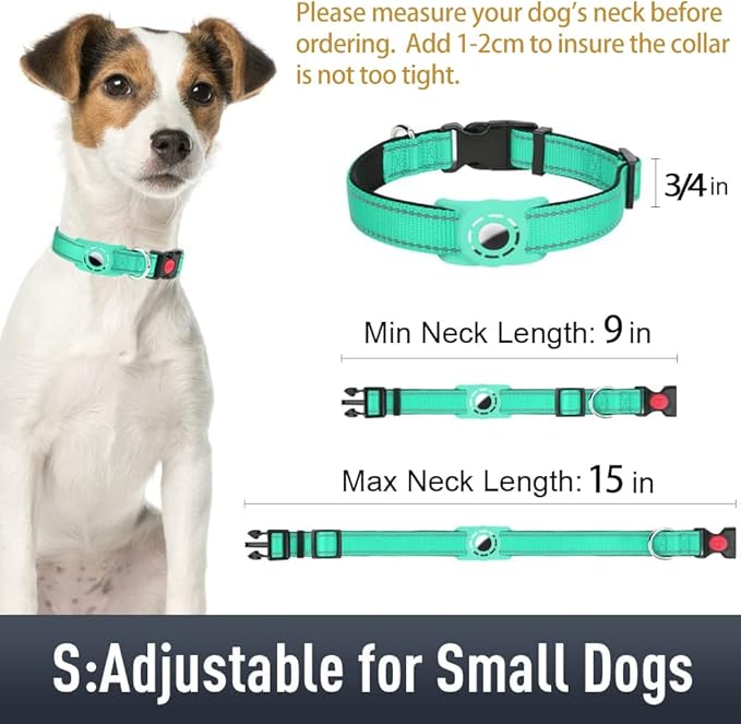 Airtag Dog Collar with AirTag Holder for Small Dogs, Reflective, Soft Padded & Safety Locking Buckle, Nylon Pet Collars Adjustable for All Breeds, Teal,S