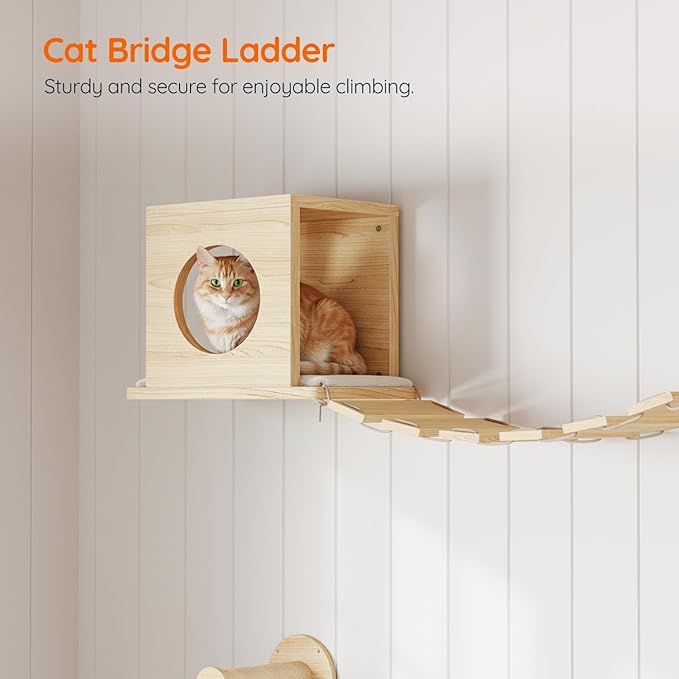 HOOBRO Wood Cat Wall Shelves for Large Cats, 11-Piece Cat Wall Furniture, Wall-Mounted Shelves with House, Hammock, Ladder, Scratching Posts and Step, Climbing Wall for Multiple Cats, Natural NL46CS03