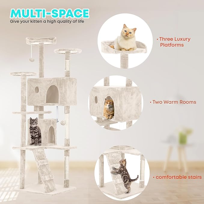 FDW | 70" Cat Tree Tower | Beige | Multi-Level Indoor Activity Center with Sisal Scratching Posts, Condos, Plush Perches, Hanging Cat Toys | Sturdy, Easy to Assemble | for Kittens & Adult Cats