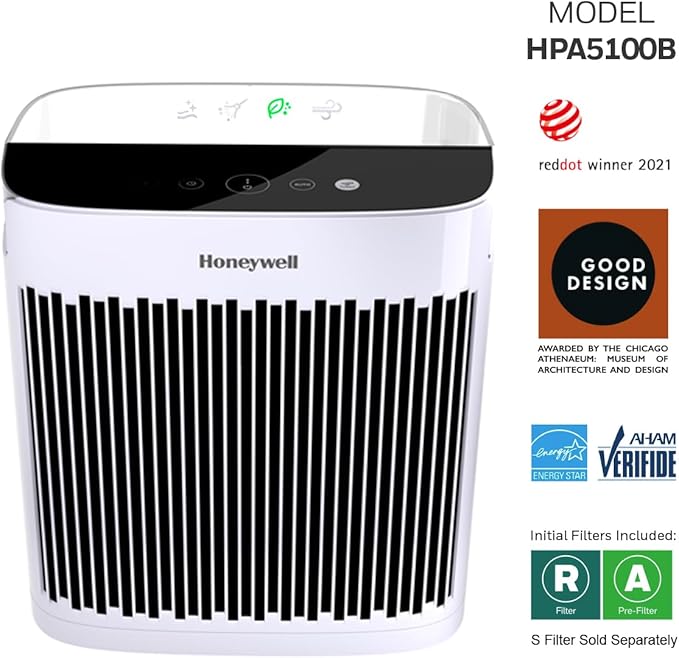 Honeywell HEPA Air Purifier for Home, 938 Ft² Rooms in 1 hour, Turbo Clean, Reduces Allergens, Dust, Pollen, Pet Dander, All Smoke Types, Odors, White, HPA5100W
