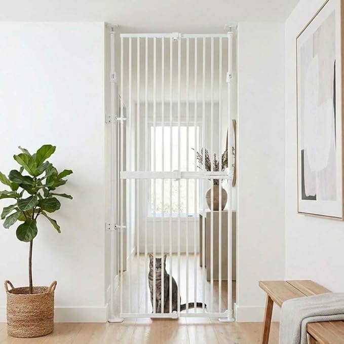 unipaws 75" High Extra Tall Cat Gate, Auto Closing and No Drilling Safety Gate for Doorway Hallway Stairs, Cat Dog Proof, Fit for 21"-34" Wide Opening, Indoor Use, White