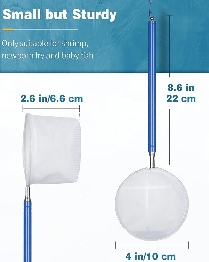 Pawfly Aquarium Shrimp Net 4 Inch With Long Extendable Stainless Steel Handle & Small Soft Round Fine Mesh for Baby Fish, Food Residue Debris Skimming Tool for Tank & Pond