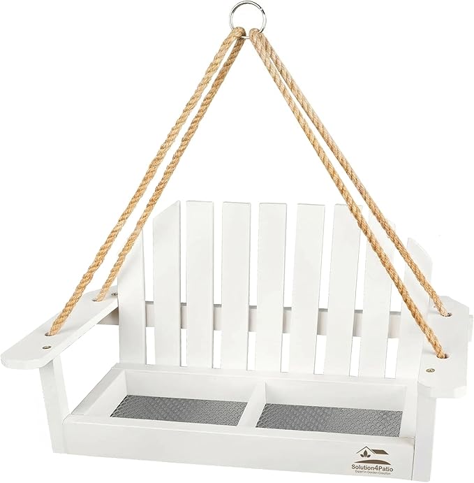 Solution4Patio White Swing Bird Feeder, Squirrel-Proof Metal Mesh Tray with Bench Design, High-Capacity Rust-Resistant Hanging Bird Feeder for Porch & Yard Décor – Easy Fill & Clean