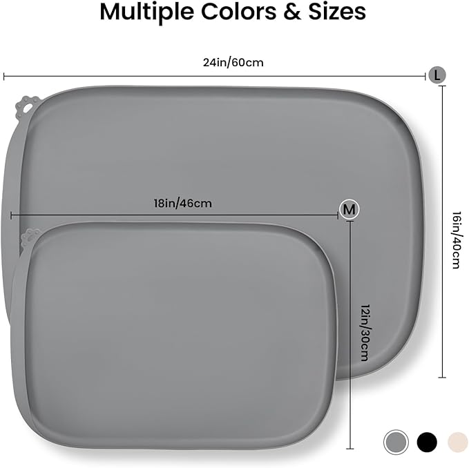 Silicone Dog Food Mat with Side Pocket & Hook Hole, Soft Raised Edges, Easy Clean Waterproof Non-Slip Pet Feeding Mat for Cats and Dogs Water Bowl, Pets Accessories(18"x12",Grey)