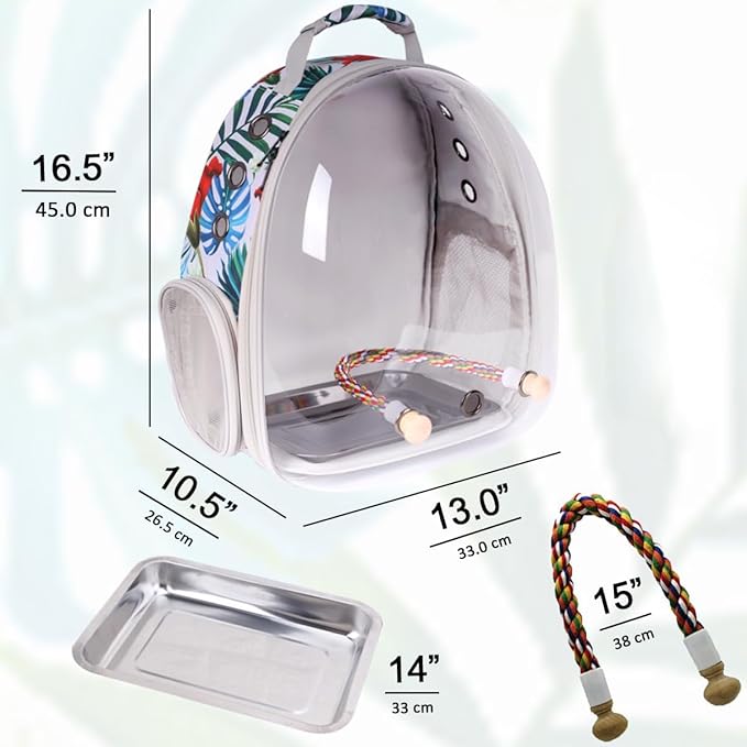 Bird Traval Carrier Cage, Clear Space Capsule Astronaut Backpack to Carry Parakeet Cockatiel Parrot with Metal Tray Wooden Perch and Bird Feeder, Vet Transport Book Bag Floral Printed