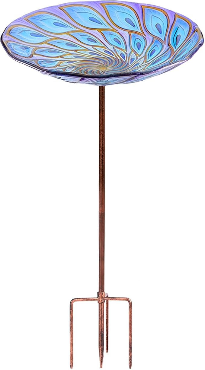 VCUTEKA Glass Bird Bath Outdoor BirdBath Garden Bird Feeder with Metal Stake