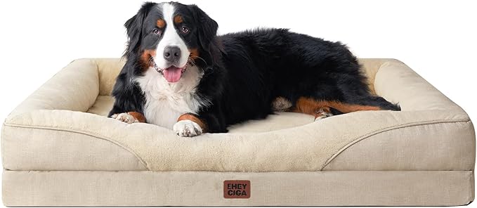 EHEYCIGA Orthopedic XXL Dog Bed for Large Sized Dog, 52x41x8 Inch Extra Large Memory Foam Dog Couch Bed with Sides, Waterproof Liner & Washable Removable Cover, Bolster Pet Sofa, Beige