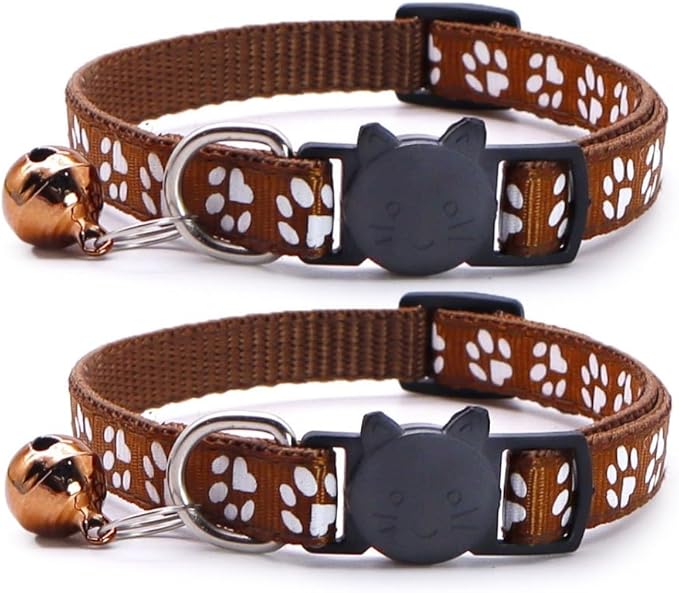 Reflective Cat Collars Breakaway with Bell 2-Pack Girl Boy Pet Kitten Collar with Star Moon Patetrn Adjustable 7.5-12.5 Inch (Brown)