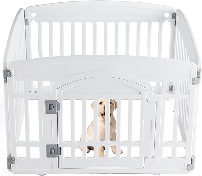 Sweetcrispy Plastic Dog Playpen - 4-Panel 24" Expandable & Durable Pet Fence for Medium Dogs - Indoor & Outdoor Portable Puppy Playpen with Secure Locking Door, White