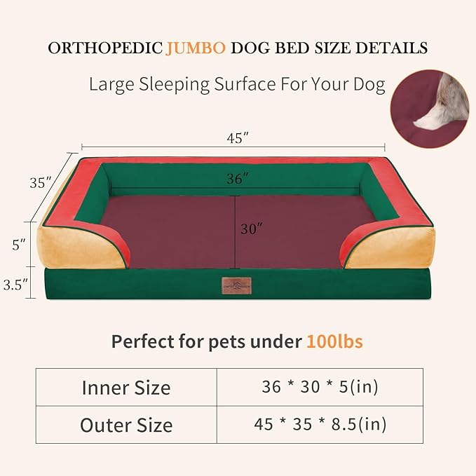 Comfort Expression Orthopedic Dog Bed for Extra Large Dogs 45x35 Inch, Waterproof Egg Crate Foam XL Pet Bed with Removable Bolsters, Dog Couch with Washable Cover & Non-Slip Bottom, Watermelon Meadow