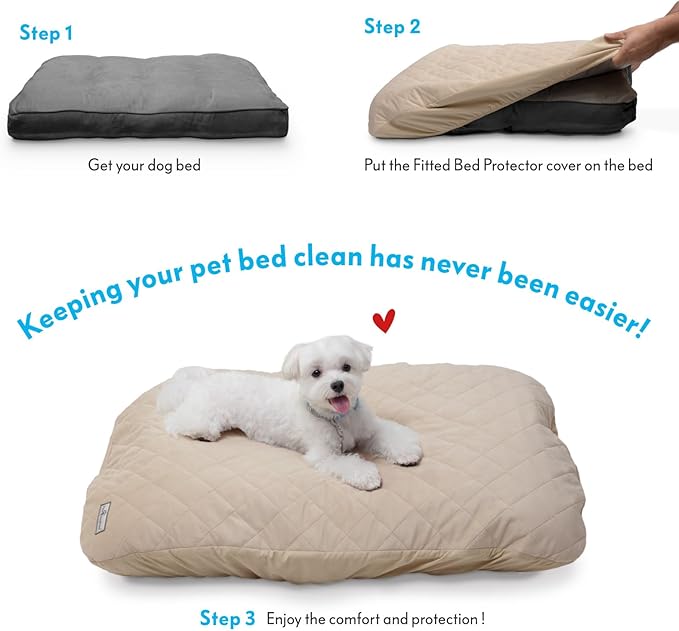 Paw Inspired Waterproof Fitted Cover for Dog Bed | Washable Bed Protector for Dog Mattress | Removable Replacement Cover for Medium to Large Pet Bed (Beige, 36 x 27 x 5 Inch)